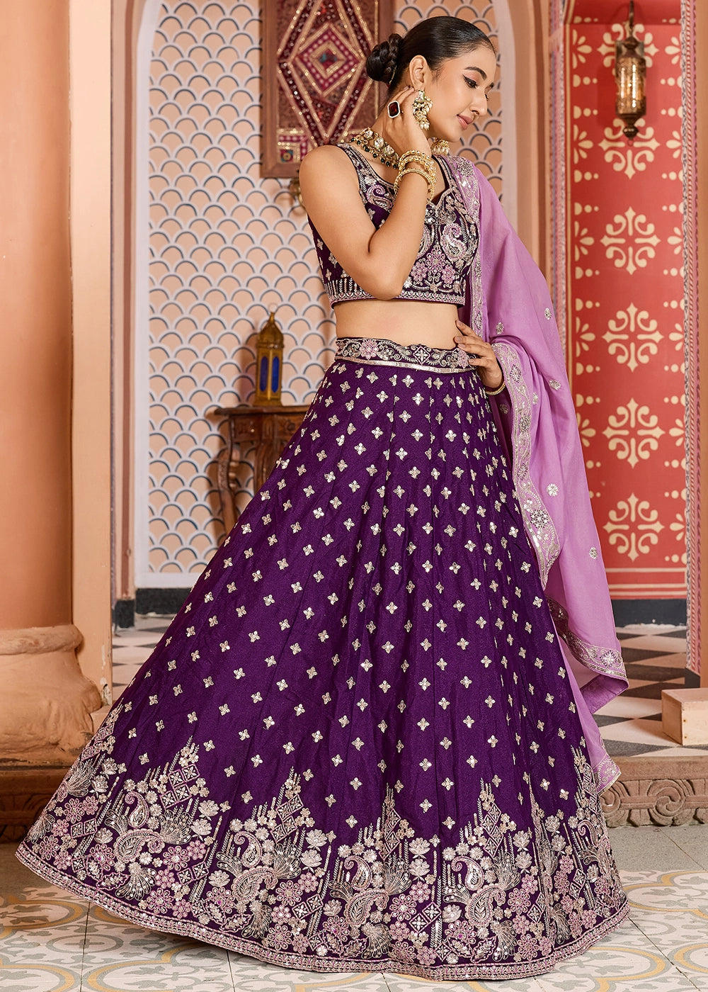 Indigo Purple Embroidered Tissue Silk Lehenga Choli with Sequins Work