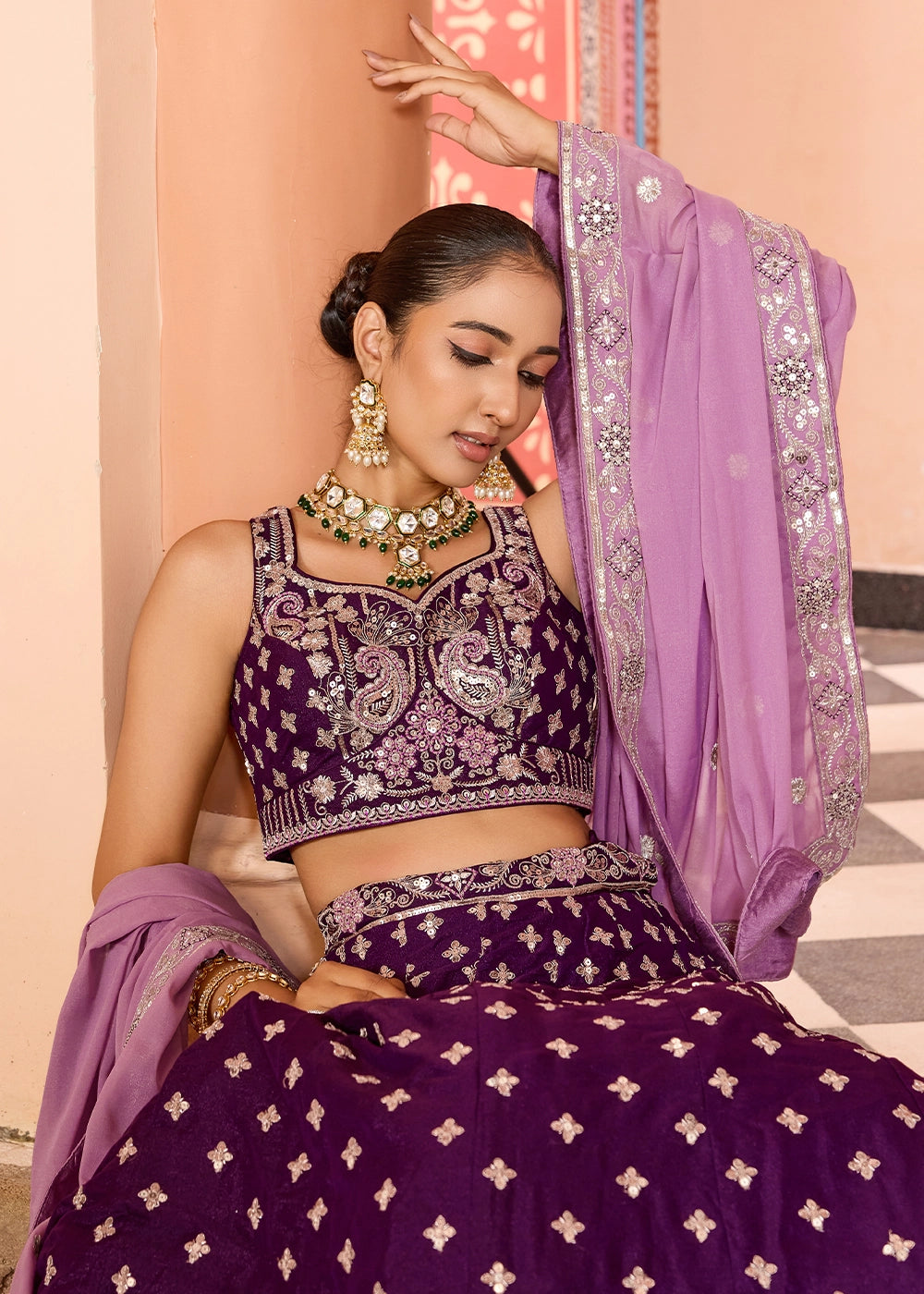 Indigo Purple Embroidered Tissue Silk Lehenga Choli with Sequins Work