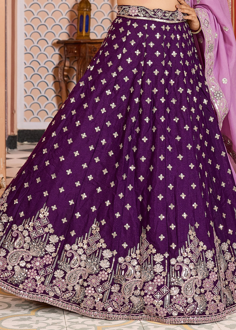 Indigo Purple Embroidered Tissue Silk Lehenga Choli with Sequins Work
