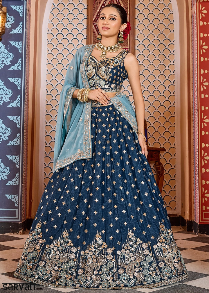 French Navy Blue Embroidered Tissue Silk Lehenga Choli with Sequins Work