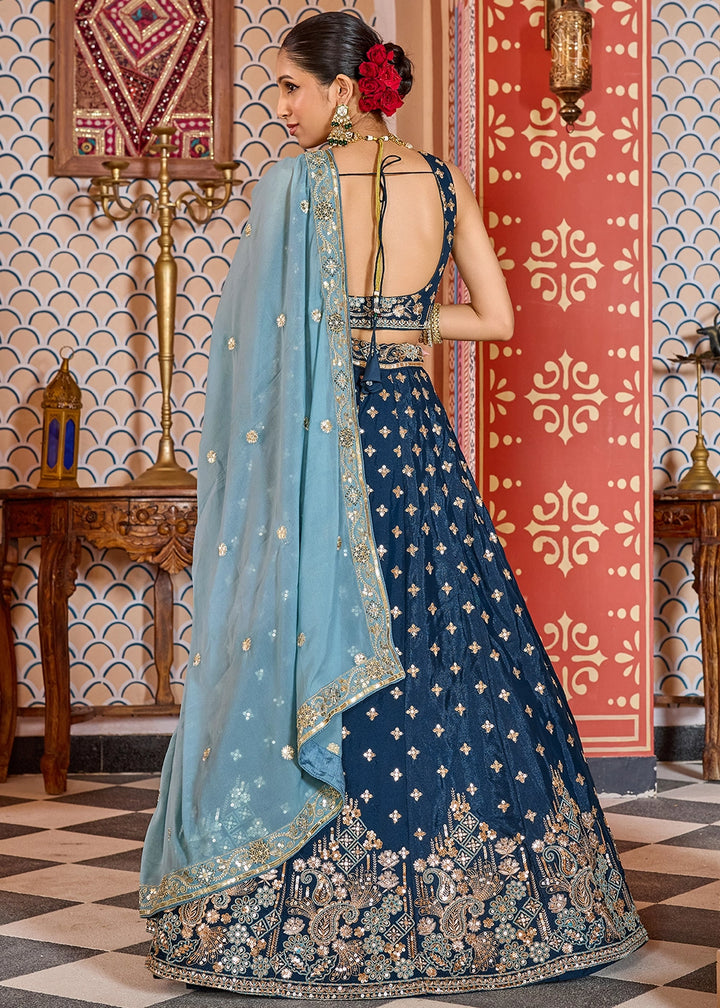 French Navy Blue Embroidered Tissue Silk Lehenga Choli with Sequins Work