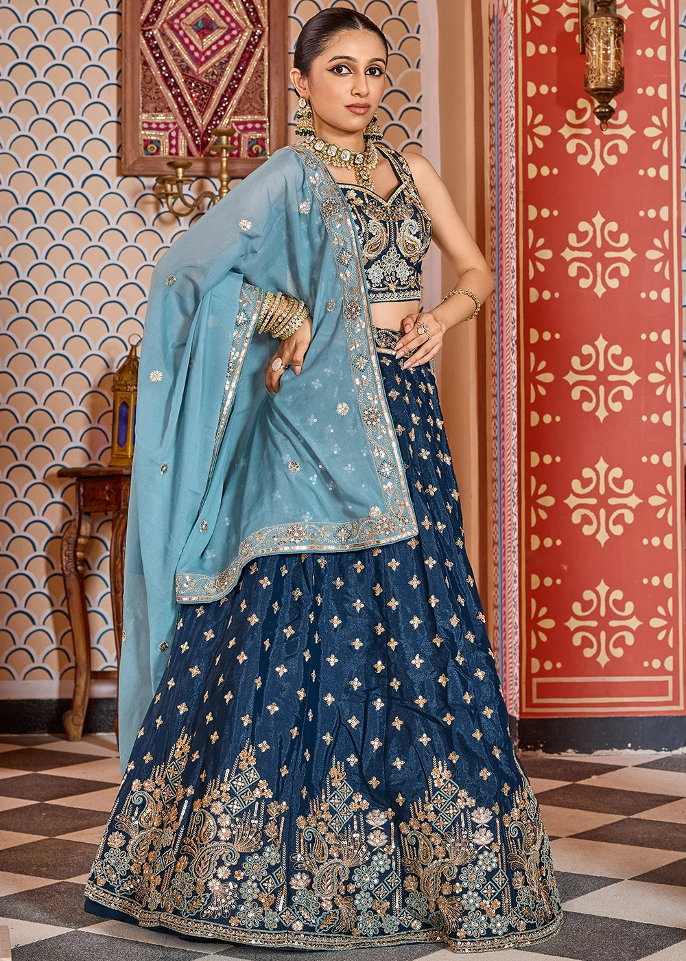 French Navy Blue Embroidered Tissue Silk Lehenga Choli with Sequins Work
