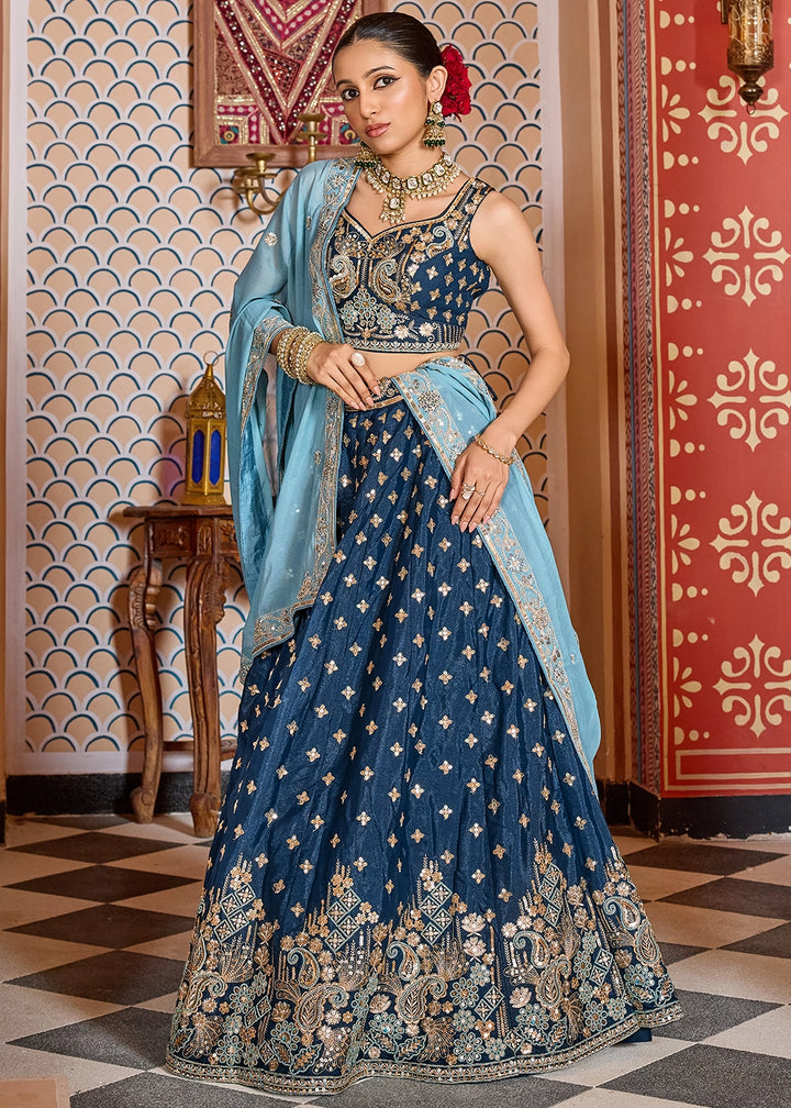 French Navy Blue Embroidered Tissue Silk Lehenga Choli with Sequins Work