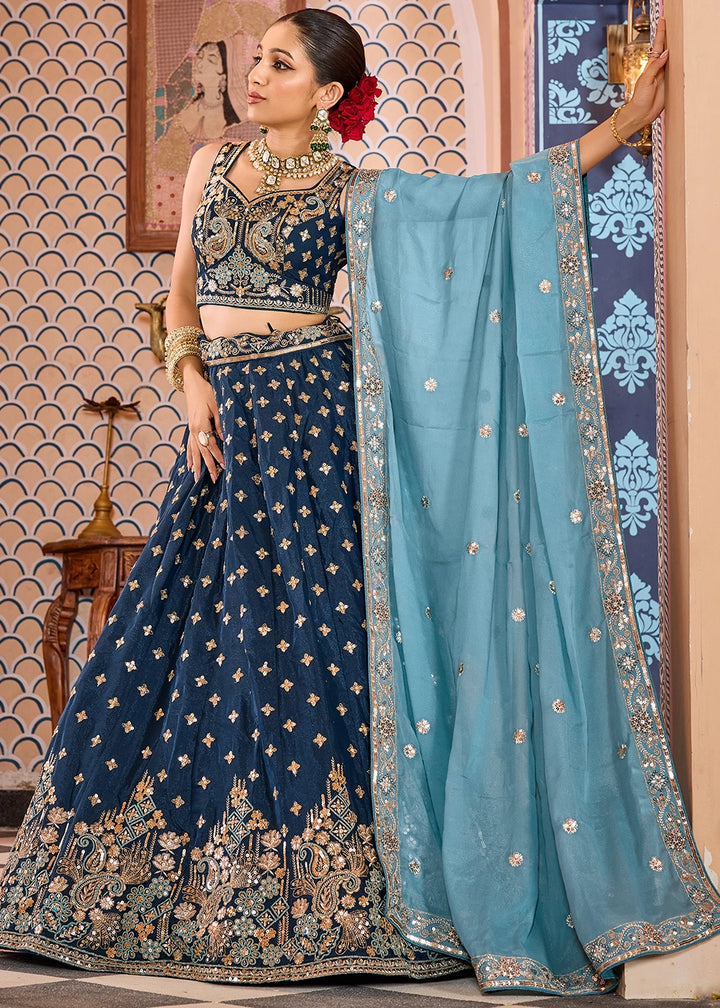 French Navy Blue Embroidered Tissue Silk Lehenga Choli with Sequins Work