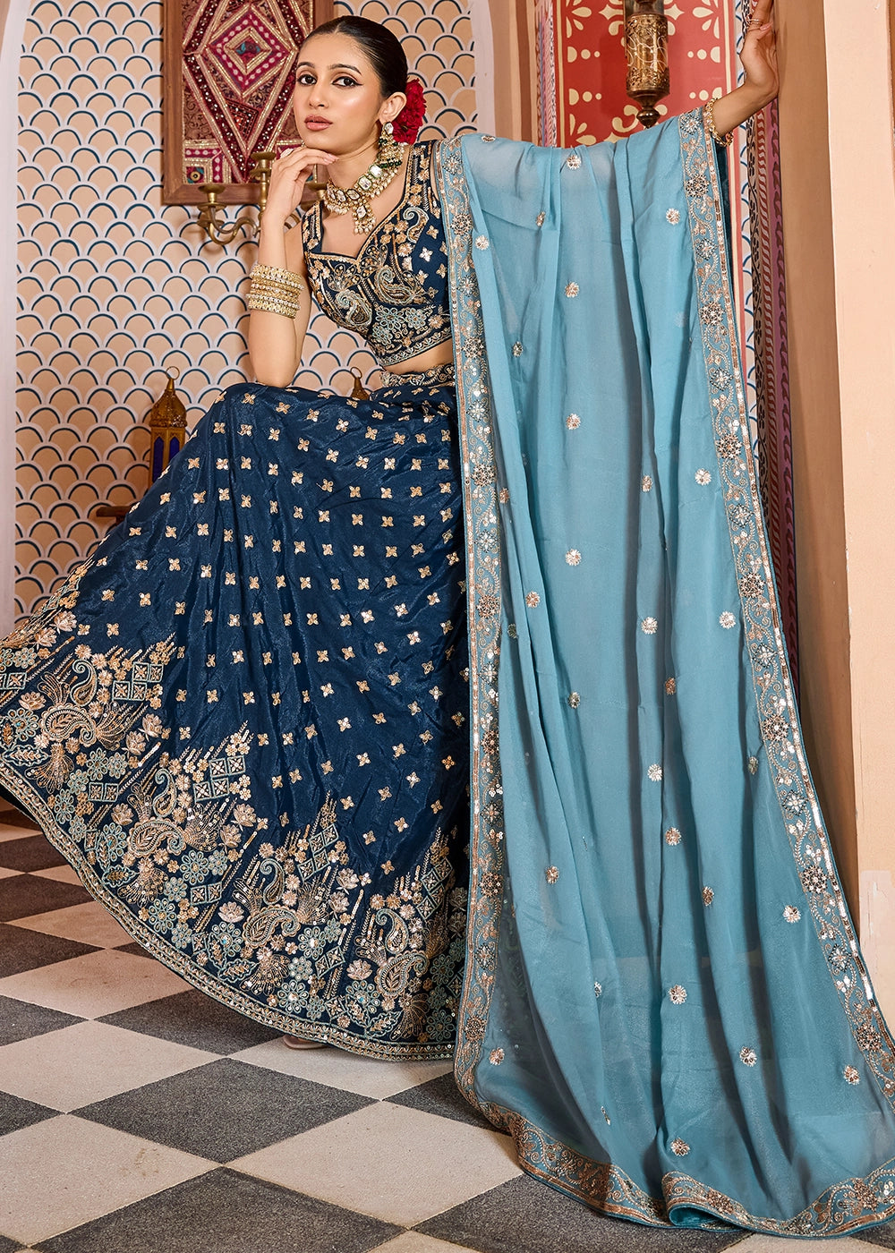 French Navy Blue Embroidered Tissue Silk Lehenga Choli with Sequins Work