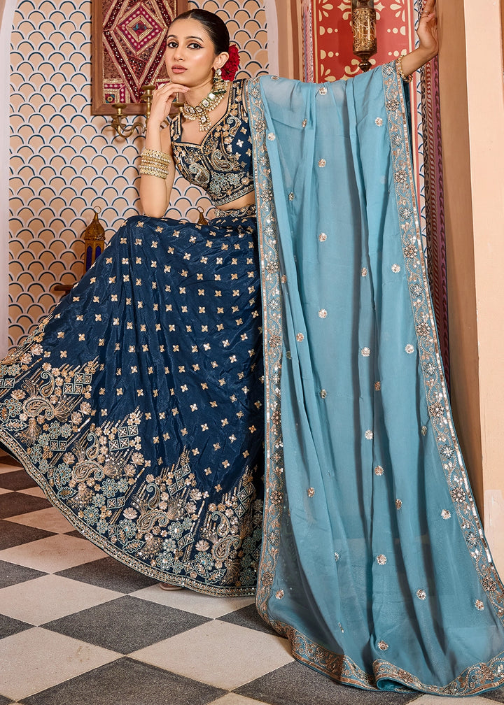 French Navy Blue Embroidered Tissue Silk Lehenga Choli with Sequins Work