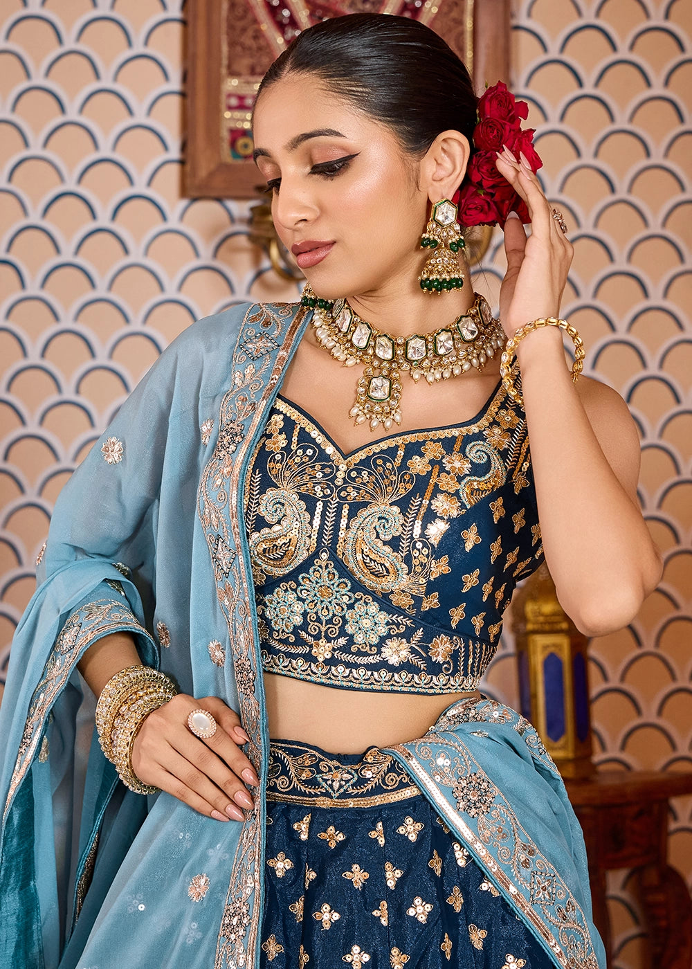 French Navy Blue Embroidered Tissue Silk Lehenga Choli with Sequins Work