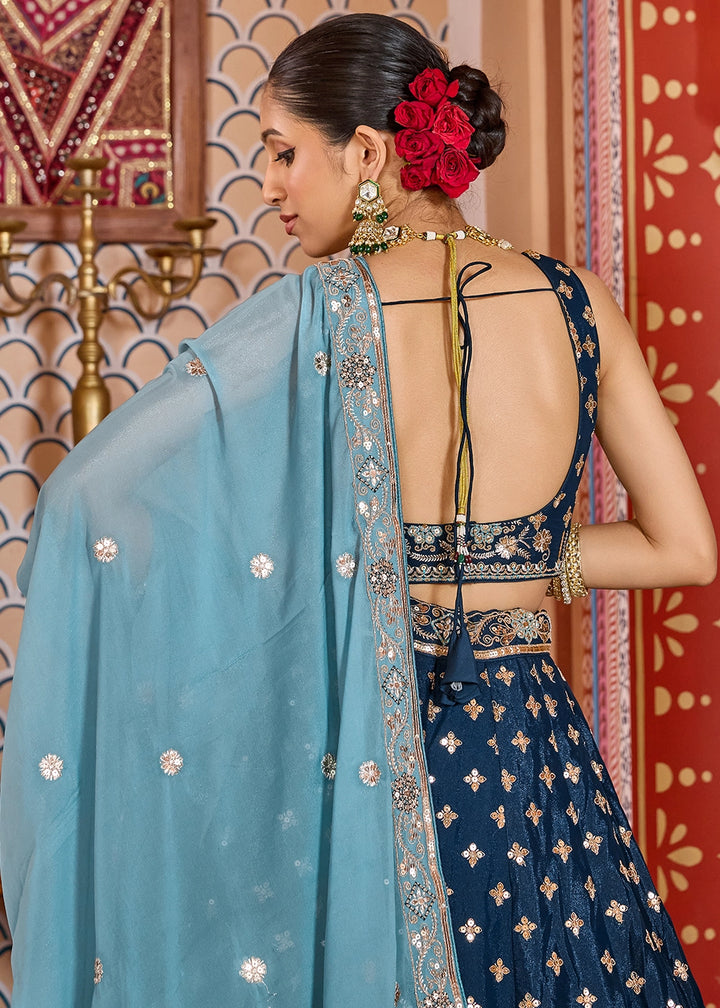 French Navy Blue Embroidered Tissue Silk Lehenga Choli with Sequins Work