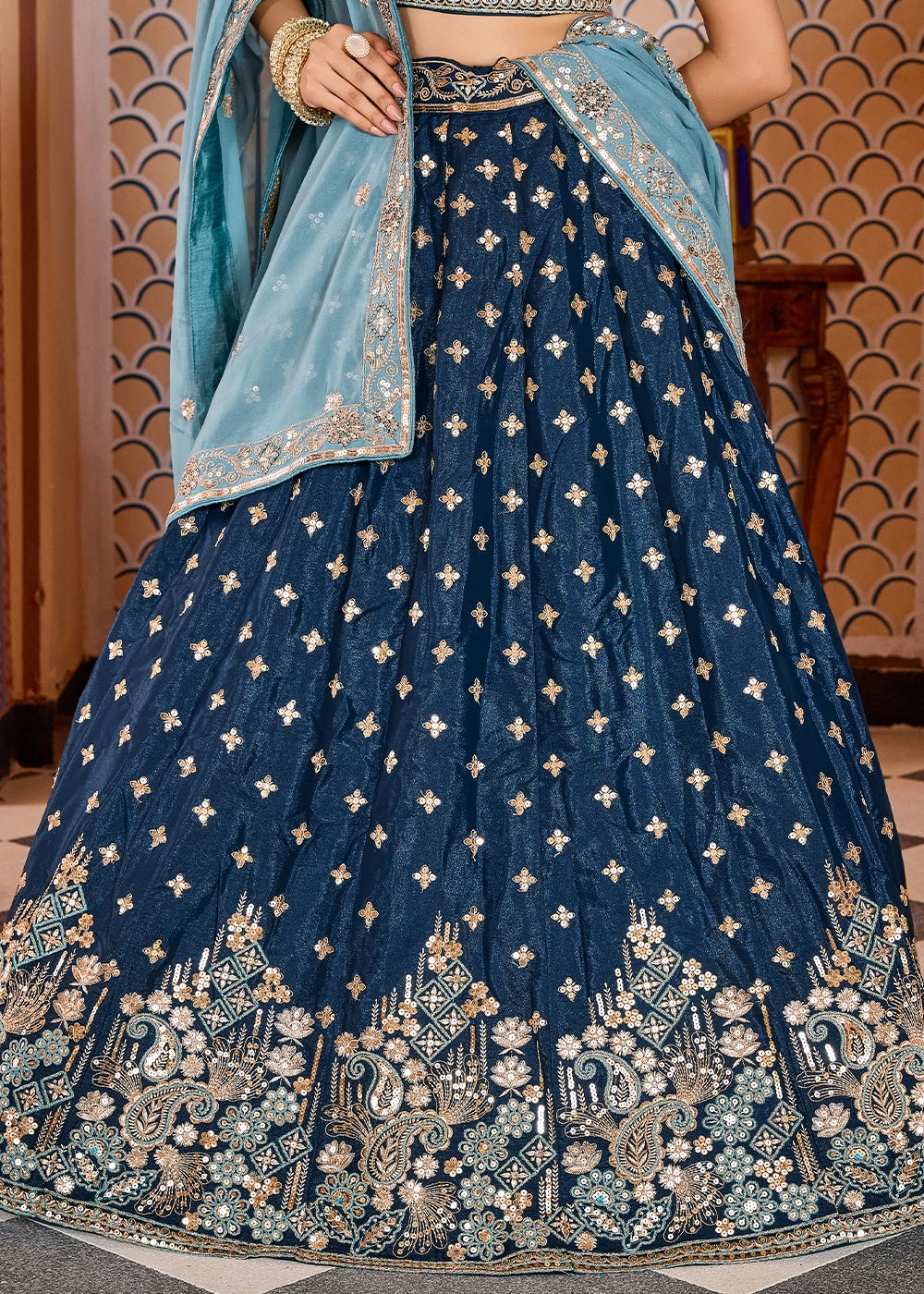 French Navy Blue Embroidered Tissue Silk Lehenga Choli with Sequins Work