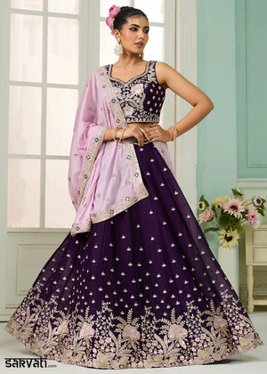 Deep Purple Georgette Lehenga Choli with Handcrafted Floral & Sequin Work