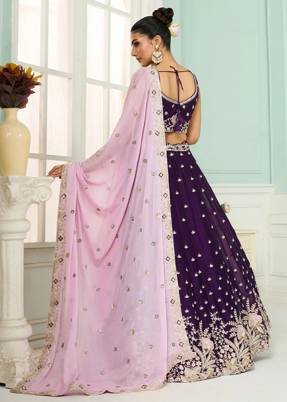 Deep Purple Georgette Lehenga Choli with Handcrafted Floral & Sequin Work