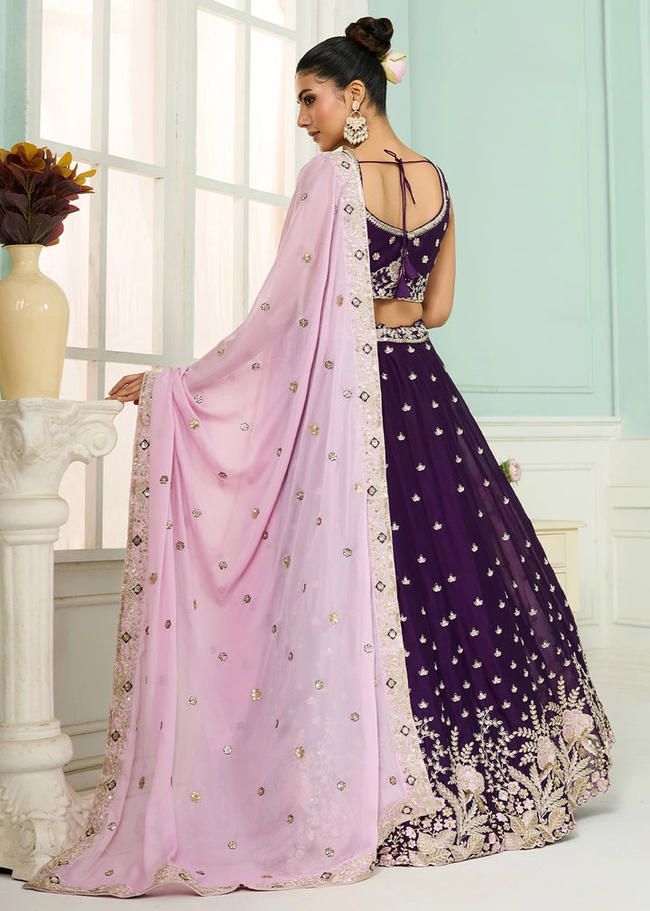 Deep Purple Georgette Lehenga Choli with Handcrafted Floral & Sequin Work