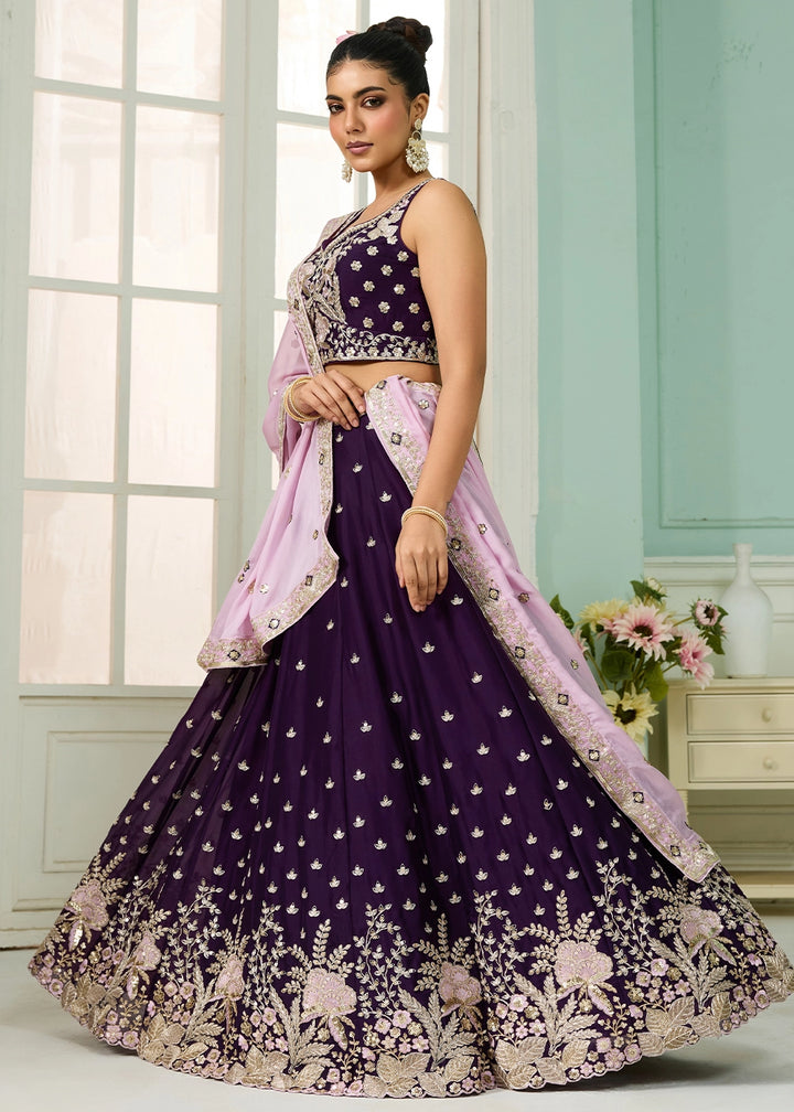 Deep Purple Georgette Lehenga Choli with Handcrafted Floral & Sequin Work