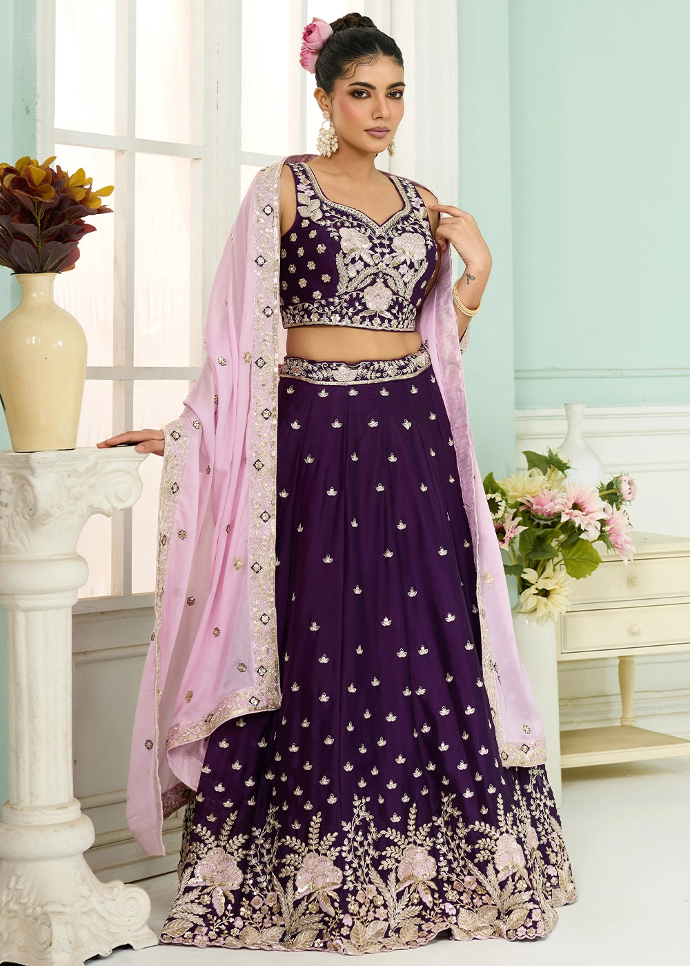 Deep Purple Georgette Lehenga Choli with Handcrafted Floral & Sequin Work