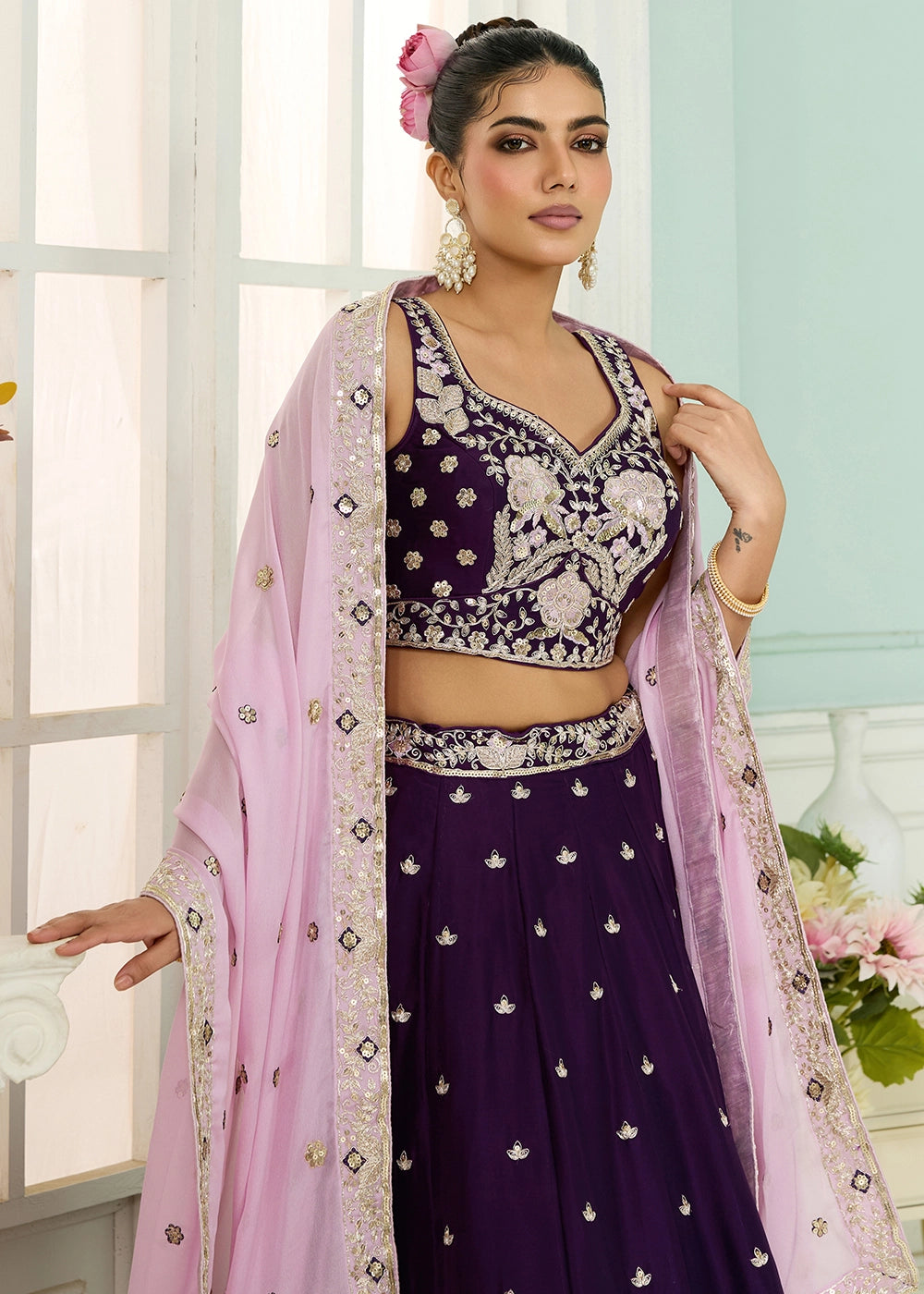 Deep Purple Georgette Lehenga Choli with Handcrafted Floral & Sequin Work