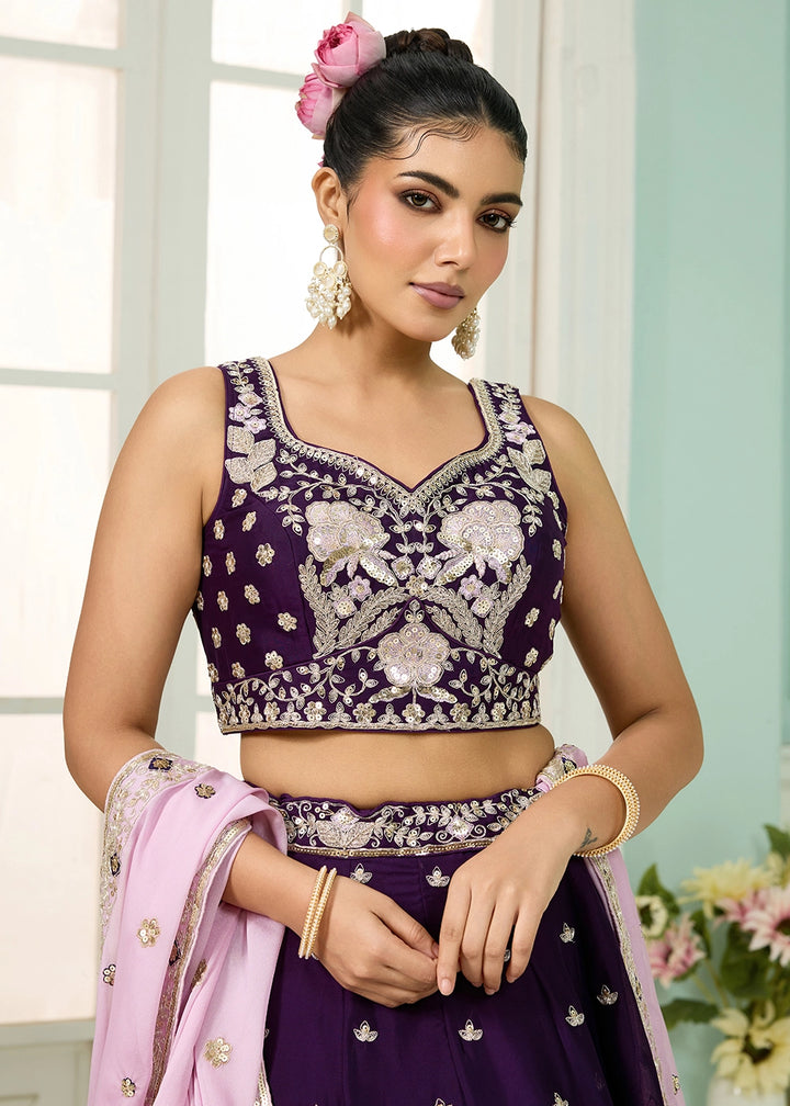 Deep Purple Georgette Lehenga Choli with Handcrafted Floral & Sequin Work