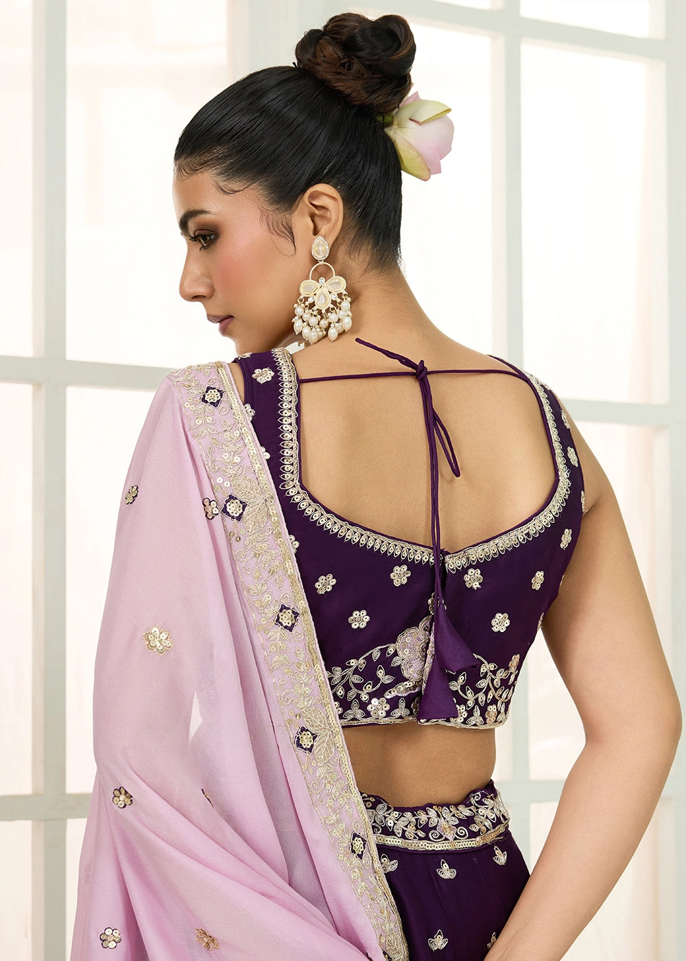 Deep Purple Georgette Lehenga Choli with Handcrafted Floral & Sequin Work