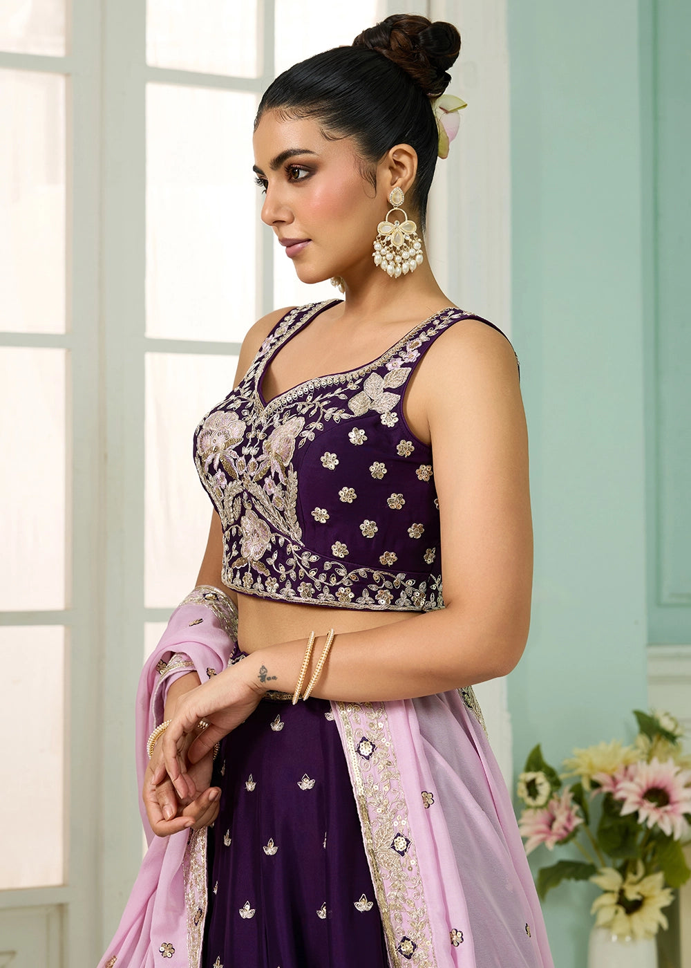 Deep Purple Georgette Lehenga Choli with Handcrafted Floral & Sequin Work