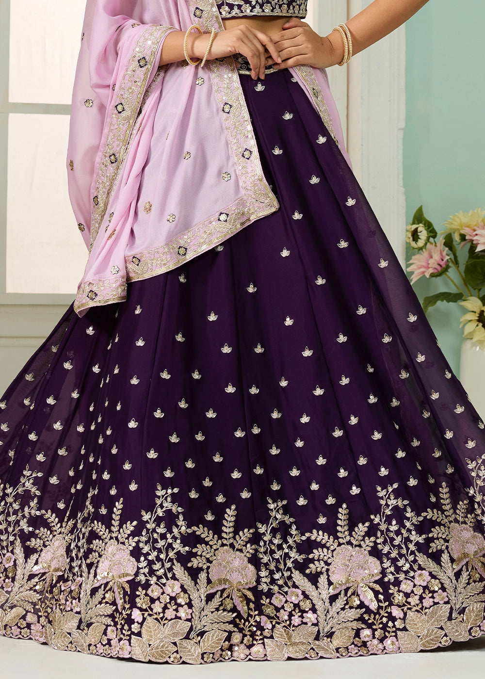 Deep Purple Georgette Lehenga Choli with Handcrafted Floral & Sequin Work