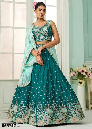 Dark Cyan Green Georgette Lehenga Choli with Handcrafted Floral & Sequin Work