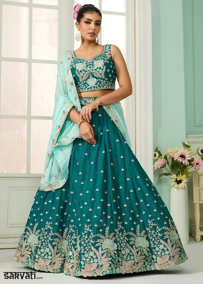Dark Cyan Green Georgette Lehenga Choli with Handcrafted Floral & Sequin Work
