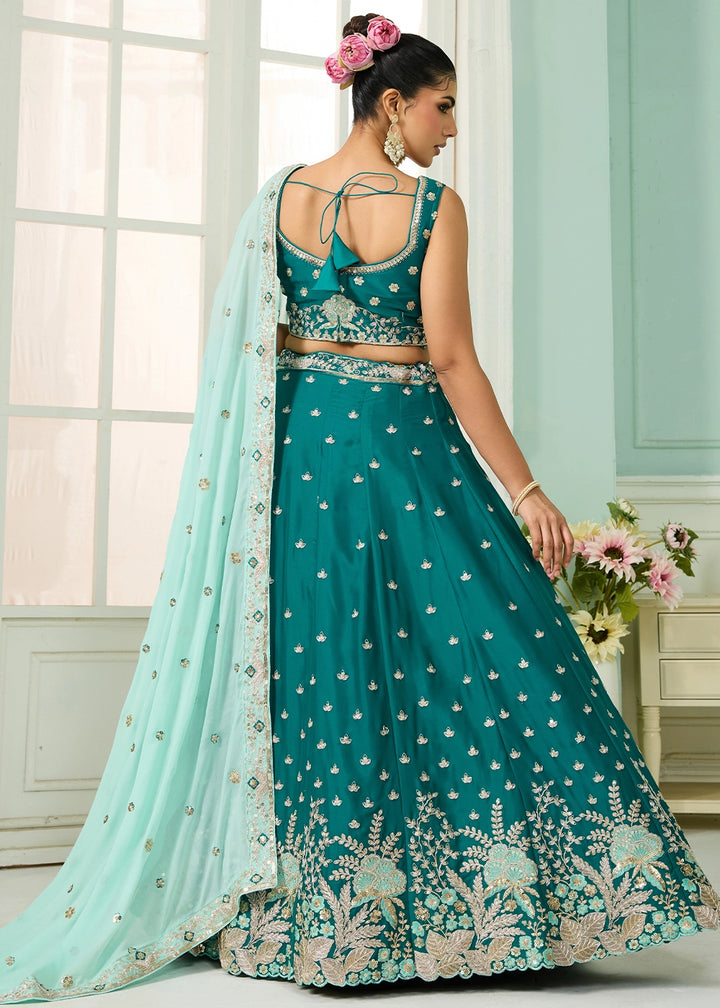 Dark Cyan Green Georgette Lehenga Choli with Handcrafted Floral & Sequin Work