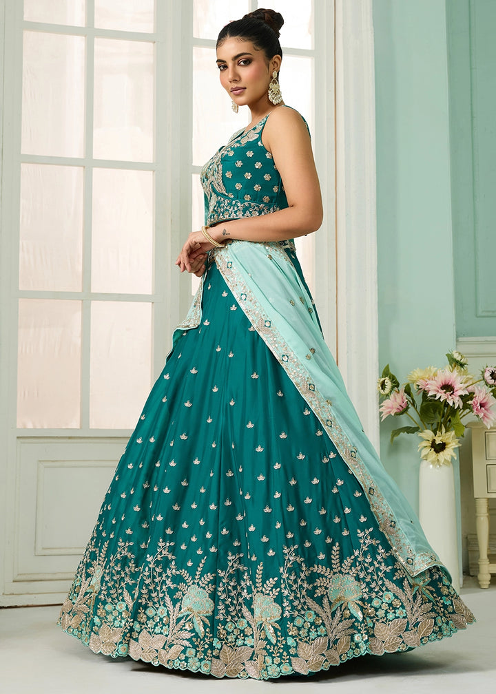 Dark Cyan Green Georgette Lehenga Choli with Handcrafted Floral & Sequin Work