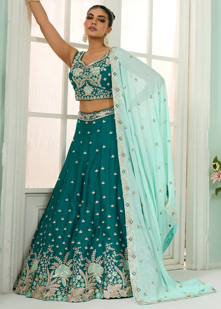 Dark Cyan Green Georgette Lehenga Choli with Handcrafted Floral & Sequin Work