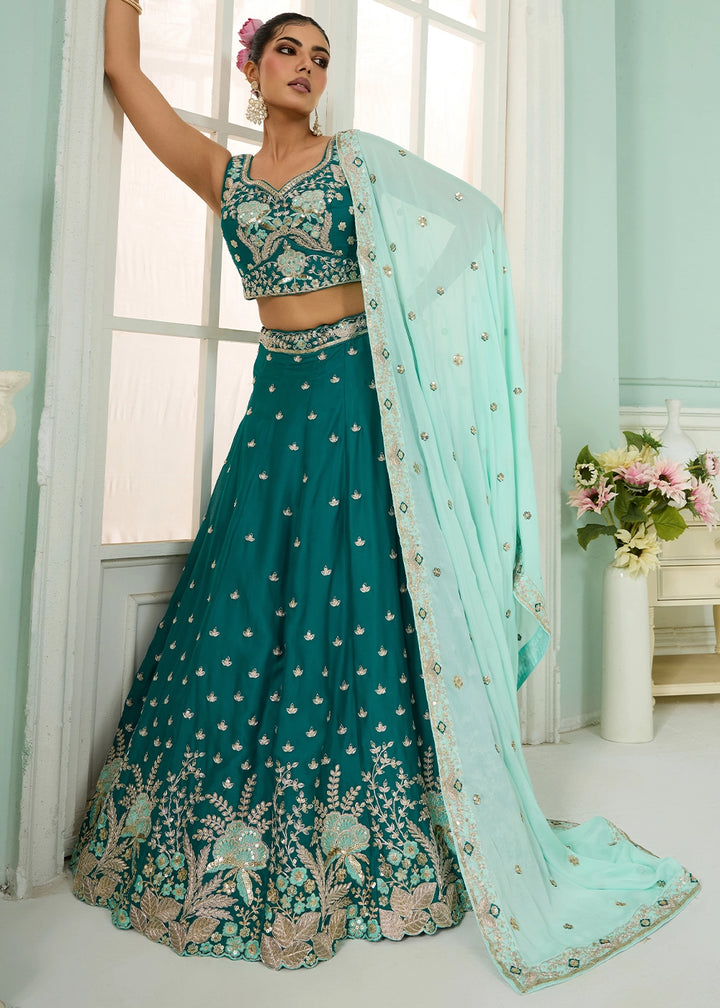 Dark Cyan Green Georgette Lehenga Choli with Handcrafted Floral & Sequin Work