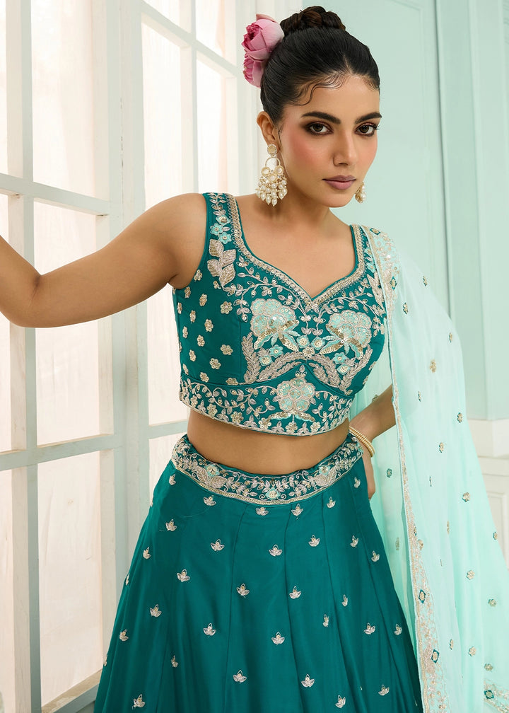 Dark Cyan Green Georgette Lehenga Choli with Handcrafted Floral & Sequin Work