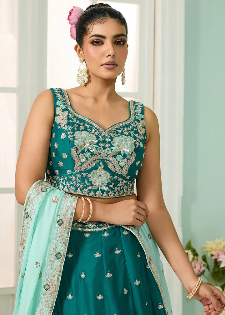 Dark Cyan Green Georgette Lehenga Choli with Handcrafted Floral & Sequin Work