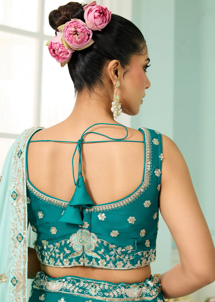 Dark Cyan Green Georgette Lehenga Choli with Handcrafted Floral & Sequin Work