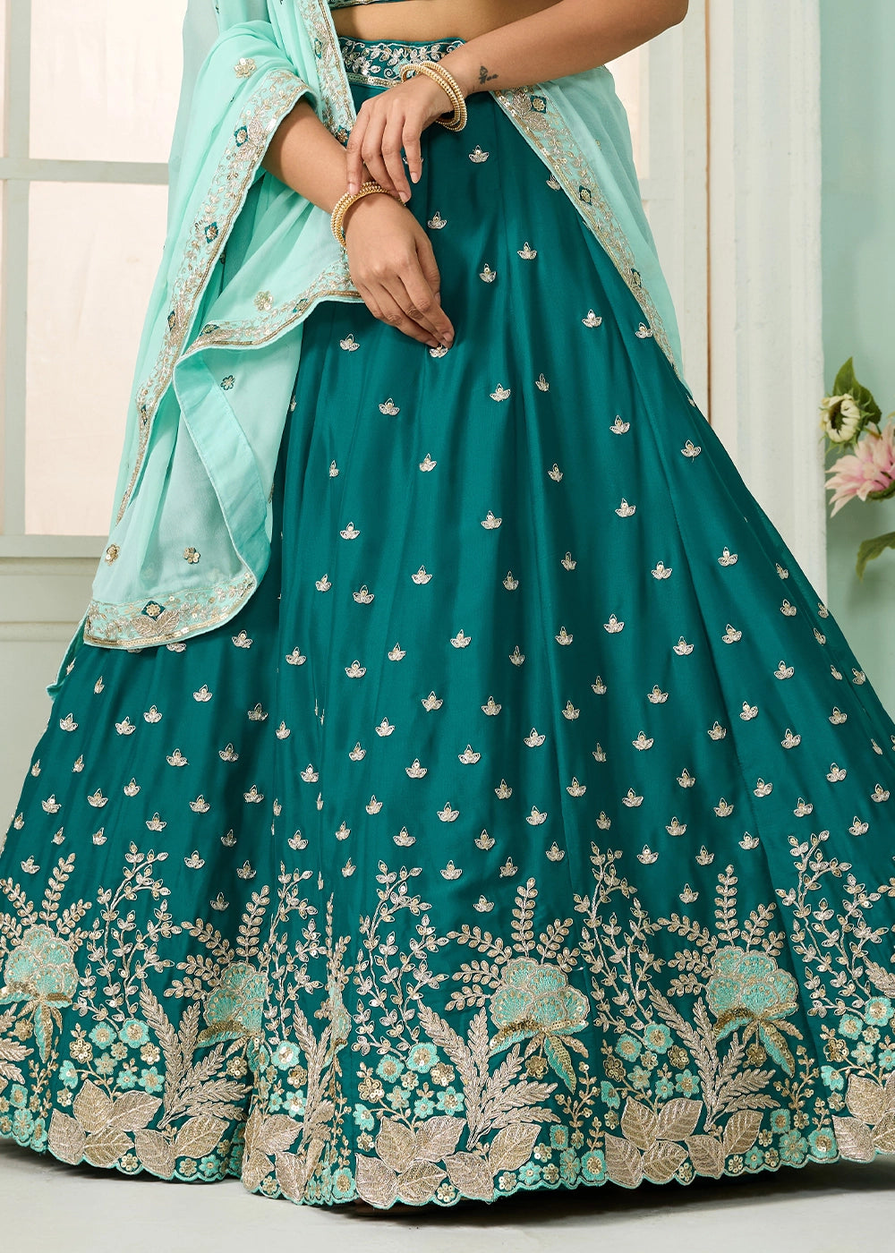 Dark Cyan Green Georgette Lehenga Choli with Handcrafted Floral & Sequin Work