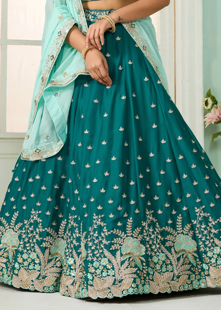 Dark Cyan Green Georgette Lehenga Choli with Handcrafted Floral & Sequin Work