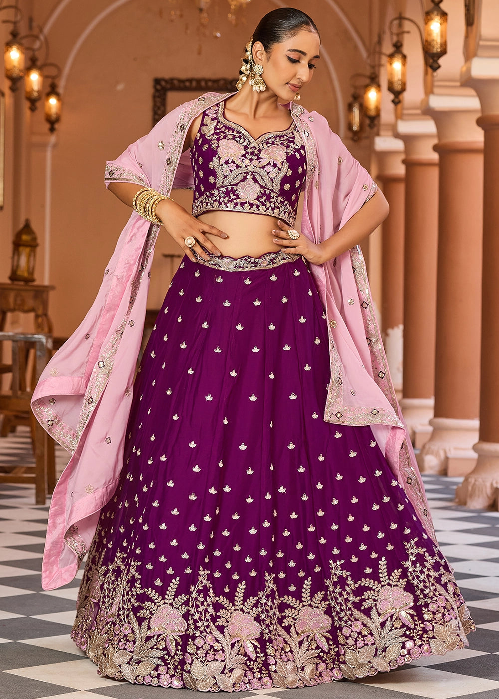 Lollipop Purple Embroidered Georgette Lehenga Choli with Sequins Work