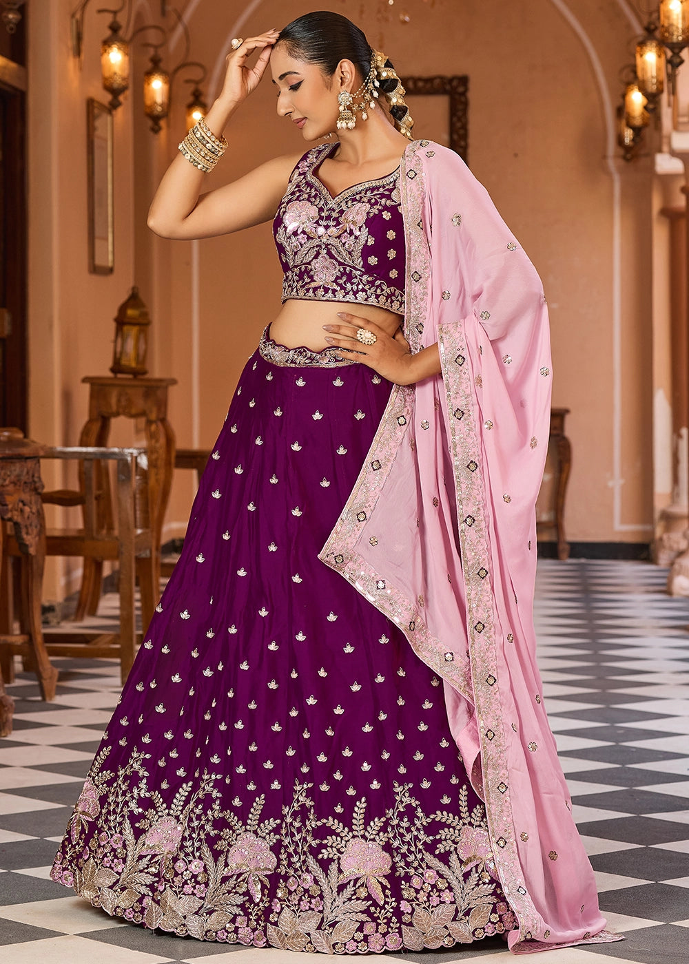 Lollipop Purple Embroidered Georgette Lehenga Choli with Sequins Work
