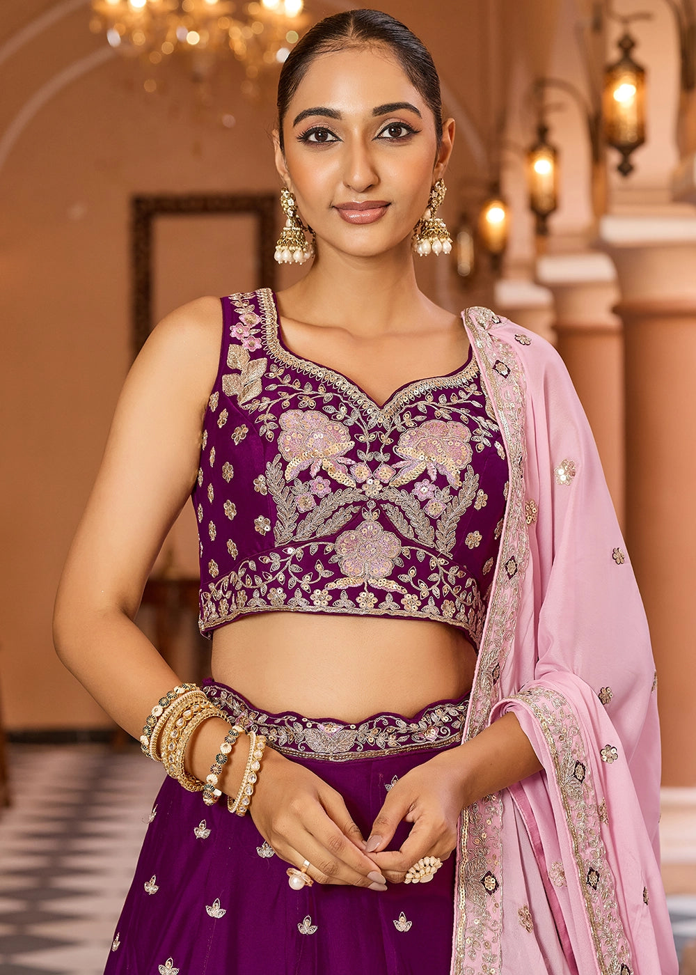 Lollipop Purple Embroidered Georgette Lehenga Choli with Sequins Work