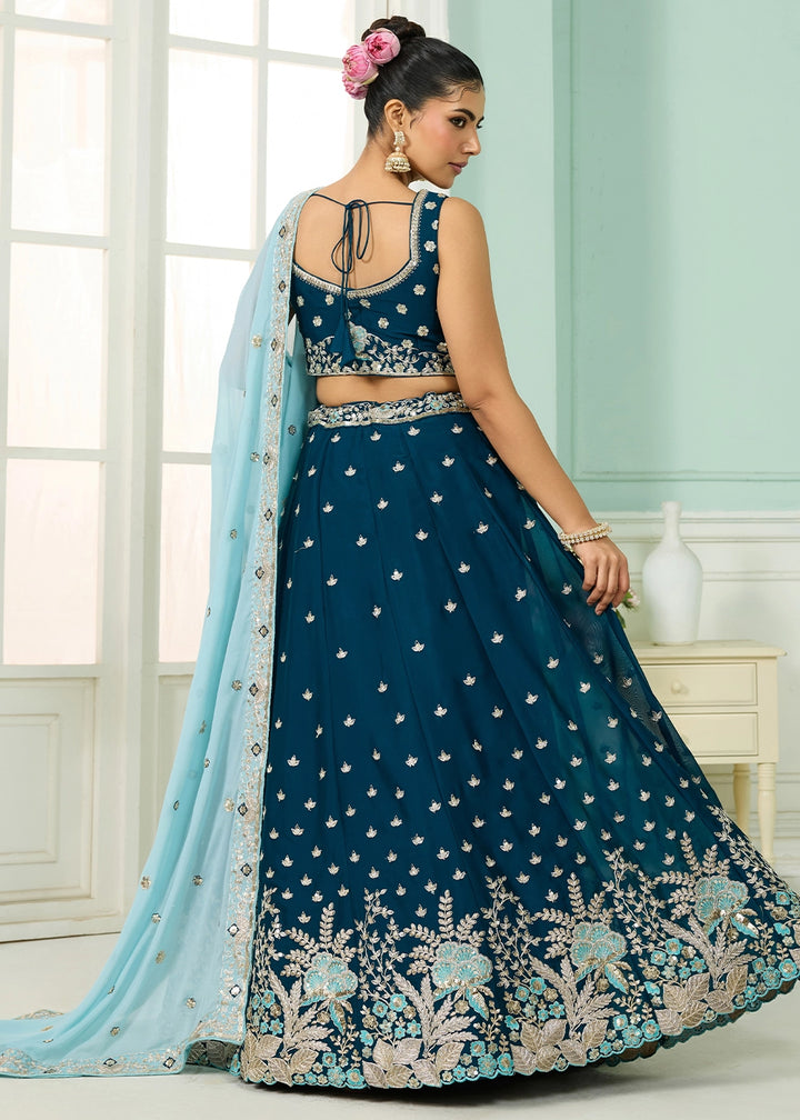 Prussian Blue Georgette Lehenga Choli with Handcrafted Floral & Sequin Work