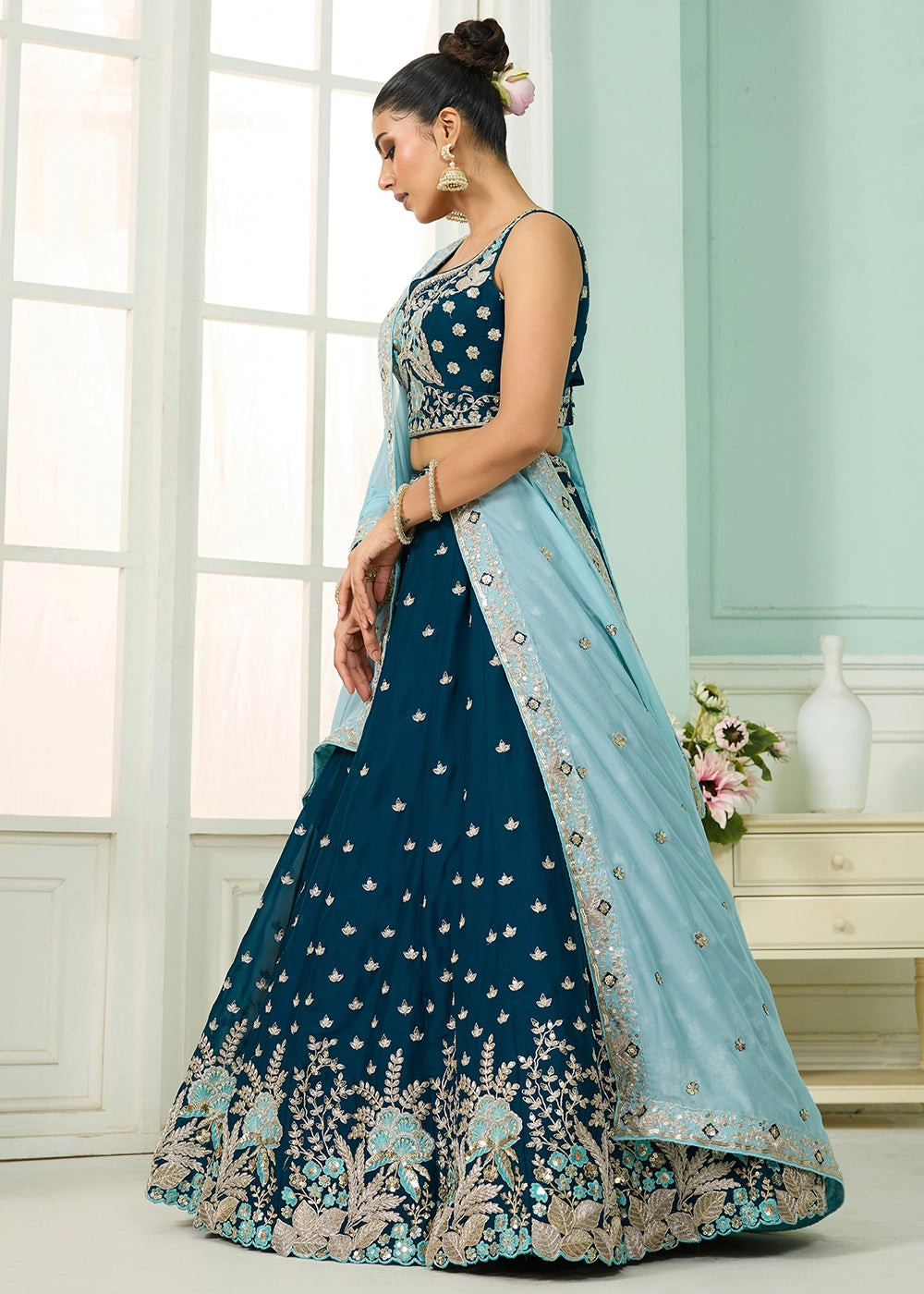 Prussian Blue Georgette Lehenga Choli with Handcrafted Floral & Sequin Work