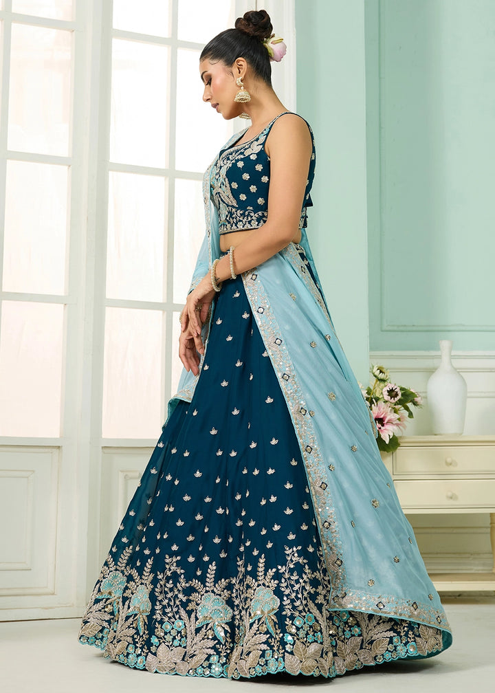 Prussian Blue Georgette Lehenga Choli with Handcrafted Floral & Sequin Work