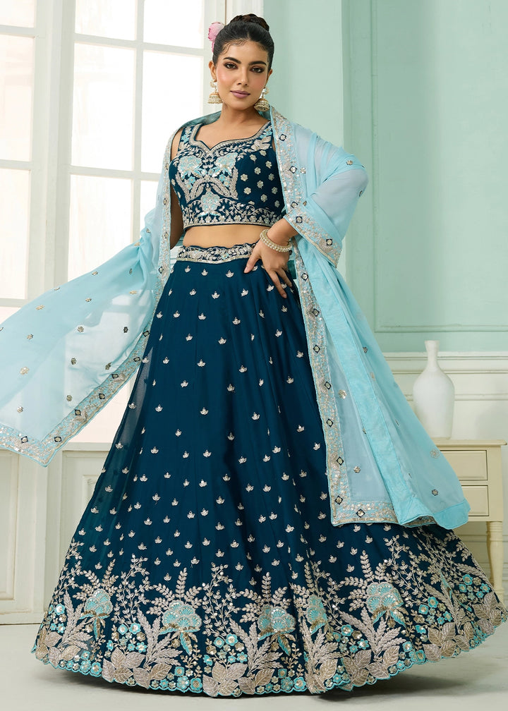 Prussian Blue Georgette Lehenga Choli with Handcrafted Floral & Sequin Work