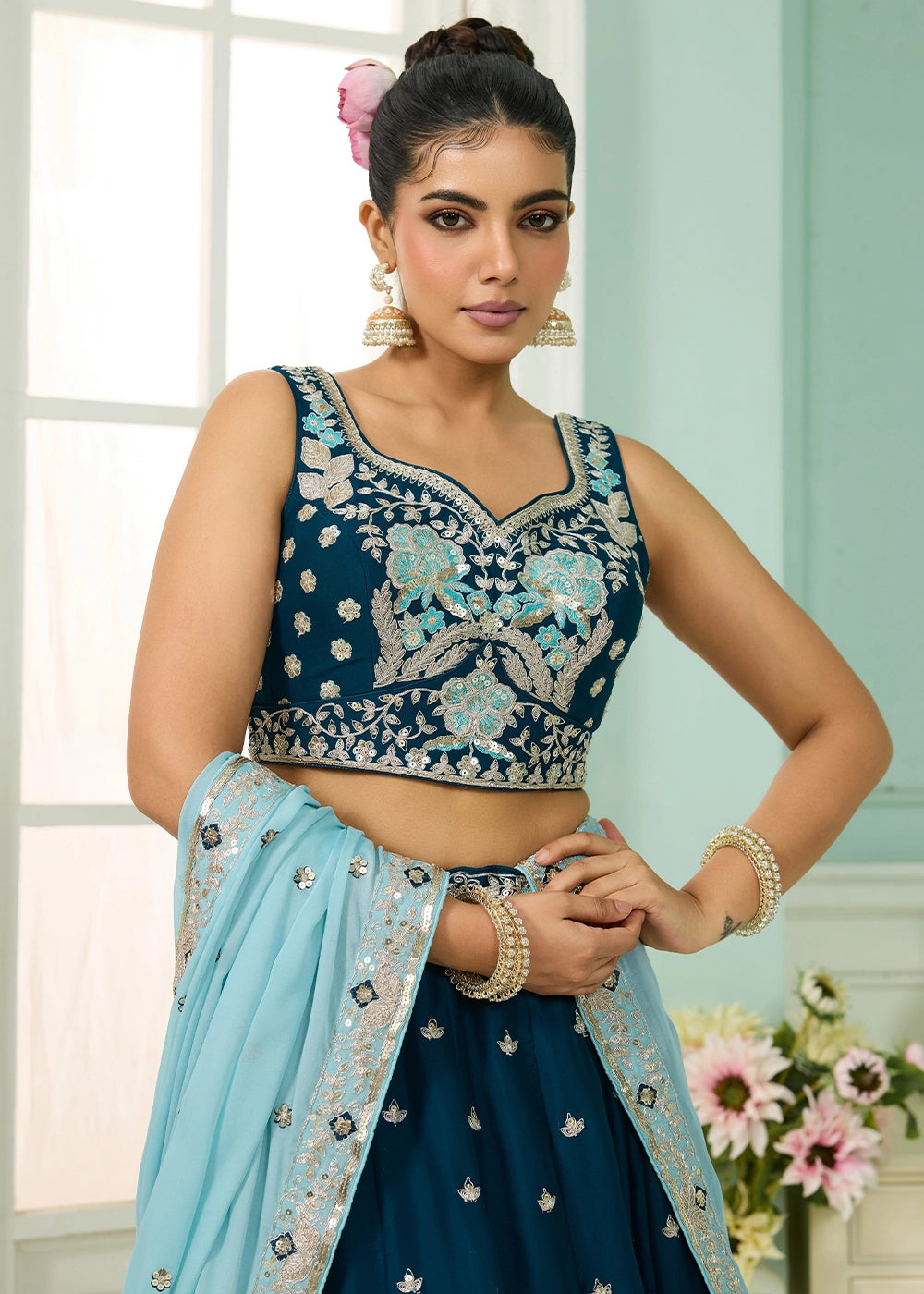 Prussian Blue Georgette Lehenga Choli with Handcrafted Floral & Sequin Work