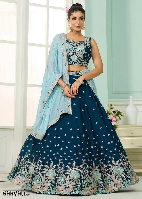 Prussian Blue Georgette Lehenga Choli with Handcrafted Floral & Sequin Work