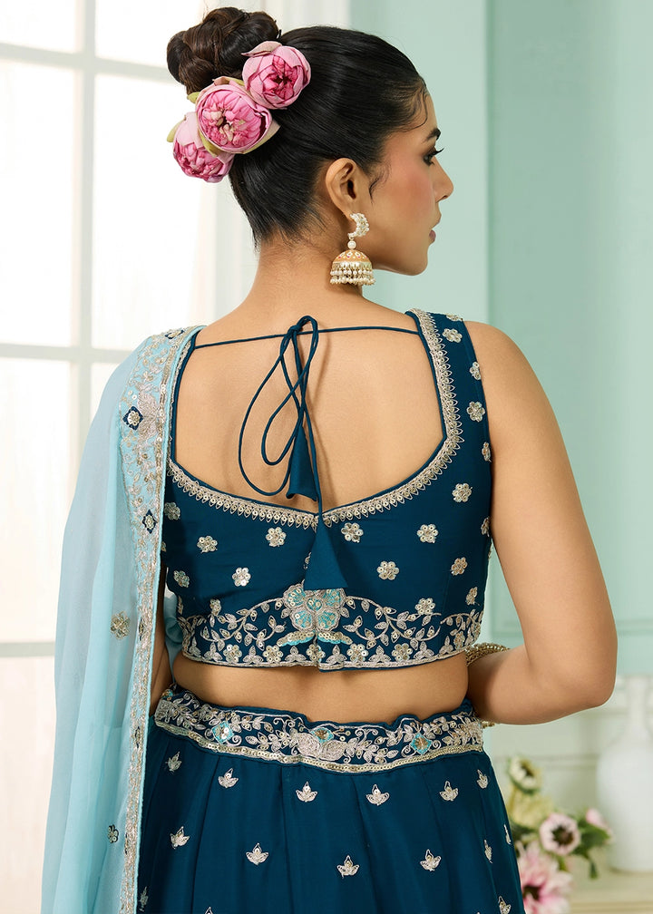 Prussian Blue Georgette Lehenga Choli with Handcrafted Floral & Sequin Work
