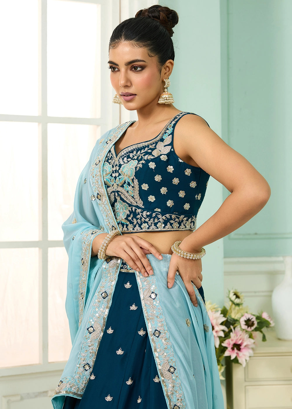 Prussian Blue Georgette Lehenga Choli with Handcrafted Floral & Sequin Work