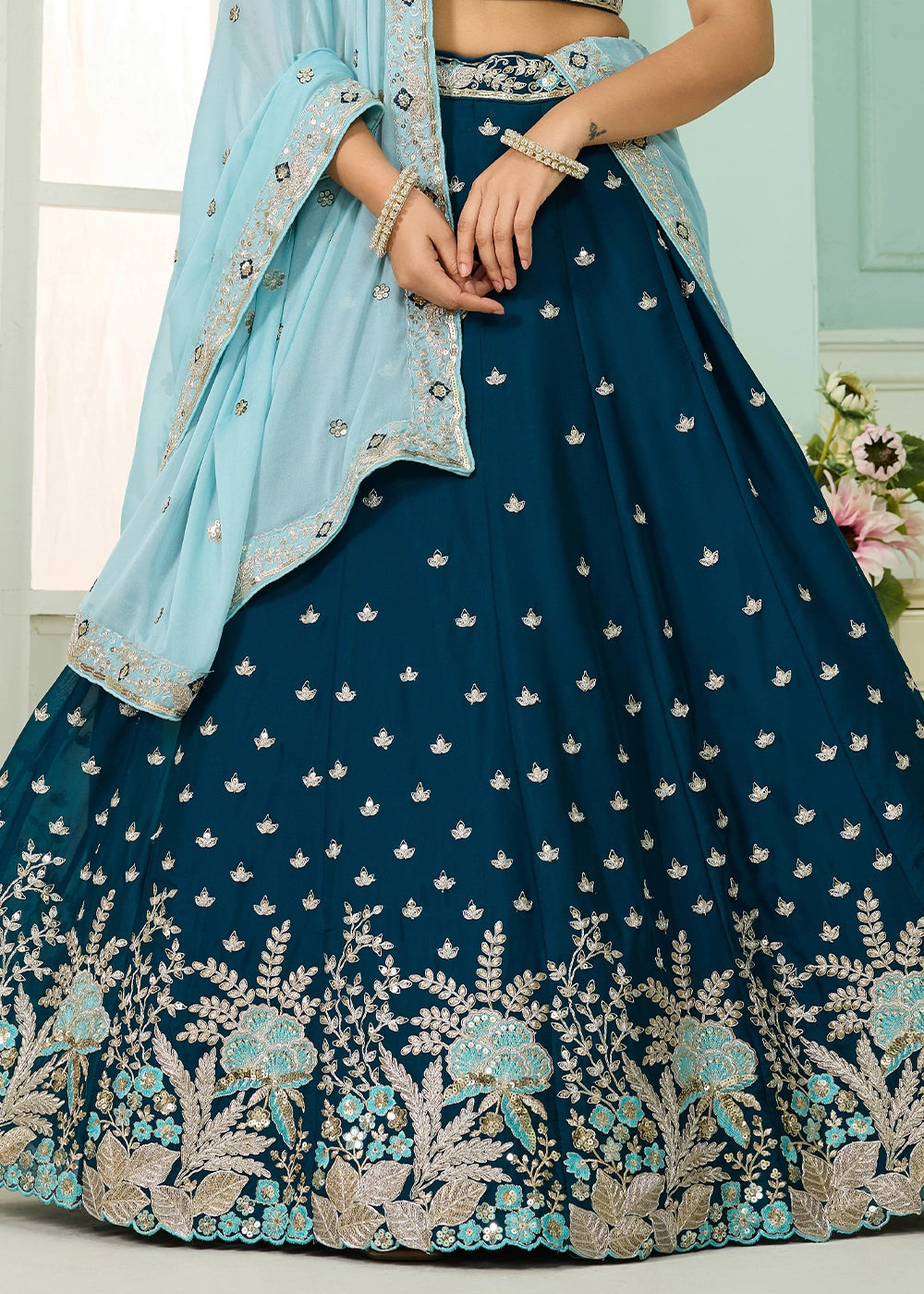 Prussian Blue Georgette Lehenga Choli with Handcrafted Floral & Sequin Work