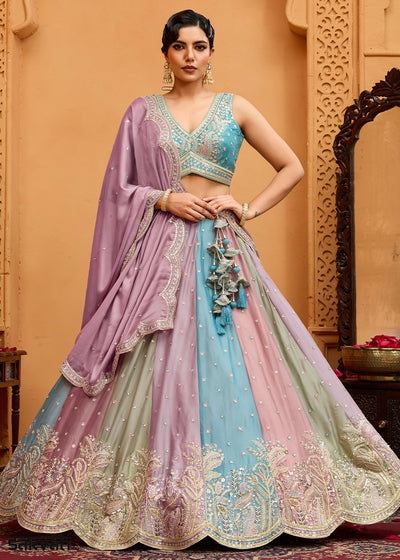 Blue & Purple Georgette Lehenga Choli with Handcrafted Floral & Sequin Work