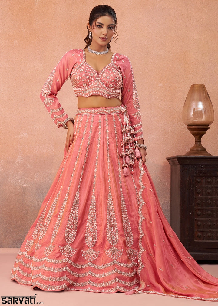 Rouge Pink Tissue Lehenga Choli with Beads & Sequins work