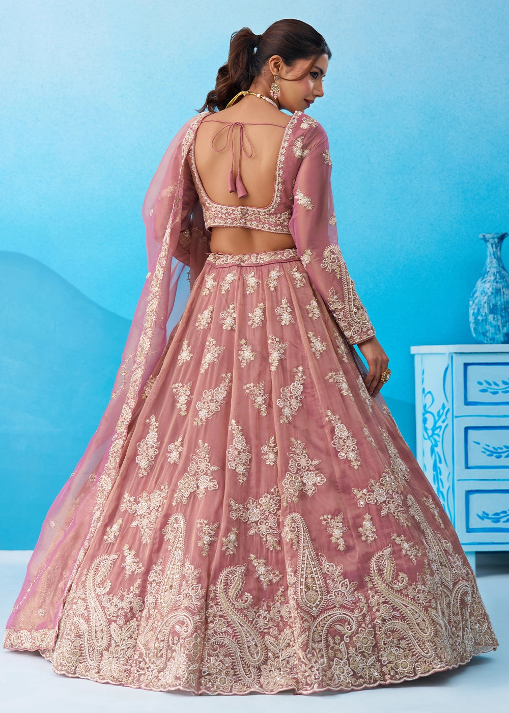 Thullian Pink Tissue Lehenga Choli with Beads & Sequins work