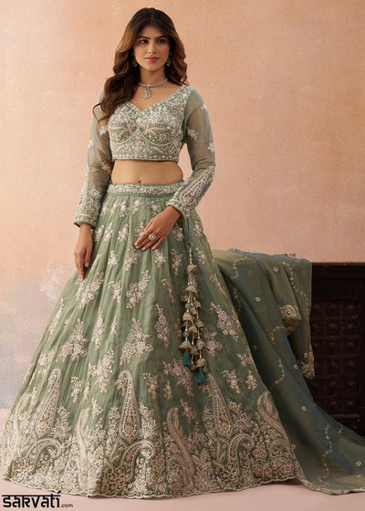 Sage Green Tissue Lehenga Choli with Beads & Sequins work